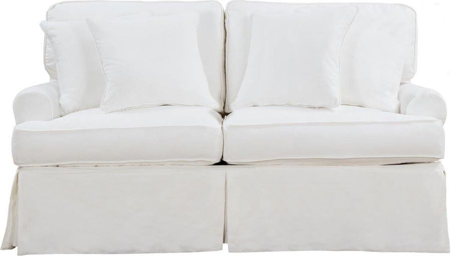 The appearance of Horizon Warm White T-Cushion Slipcovered Loveseat designed by Sunset Trading in the transitional interior design. This warm white piece of furniture  was selected by 1StopBedrooms from Horizon Collection to add a touch of cosiness and style into your home. Sku: SU-117610-423080. Material: Wood. Product Type: Loveseat. Image1
