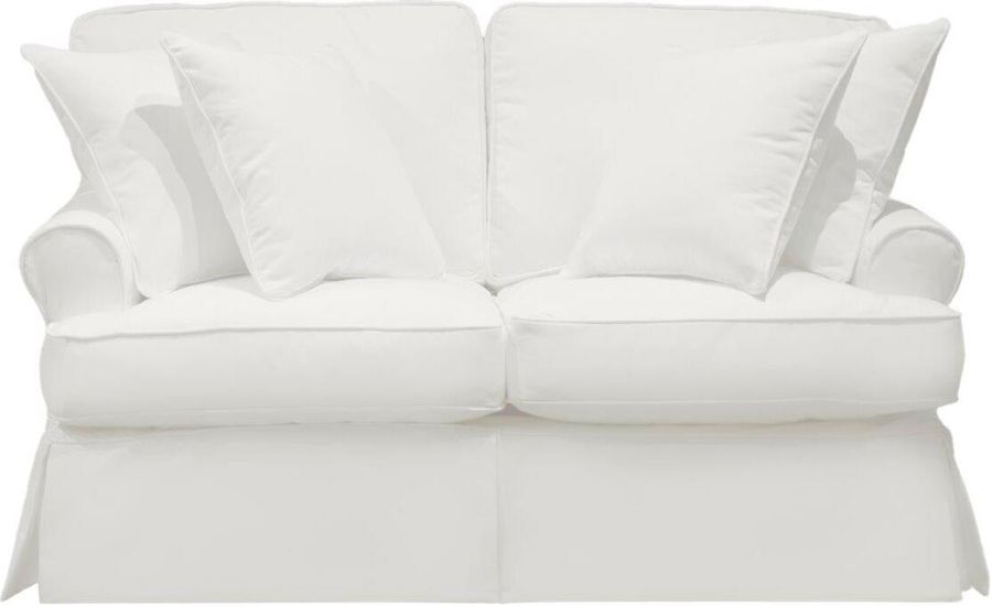 The appearance of Horizon White T-Cushion Slipcovered Loveseat designed by Sunset Trading in the traditional interior design. This white piece of furniture  was selected by 1StopBedrooms from Horizon Collection to add a touch of cosiness and style into your home. Sku: SU-117610-391081. Material: Wood. Product Type: Loveseat. Image1