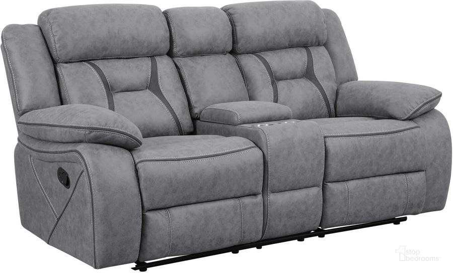 The appearance of Houston Stone Reclining Loveseat With Console designed by Coaster in the modern / contemporary interior design. This gray piece of furniture  was selected by 1StopBedrooms from Houston Collection to add a touch of cosiness and style into your home. Sku: 602262. Product Type: Reclining Loveseat. Material: Vinyl. Key Features: Storage. Image1
