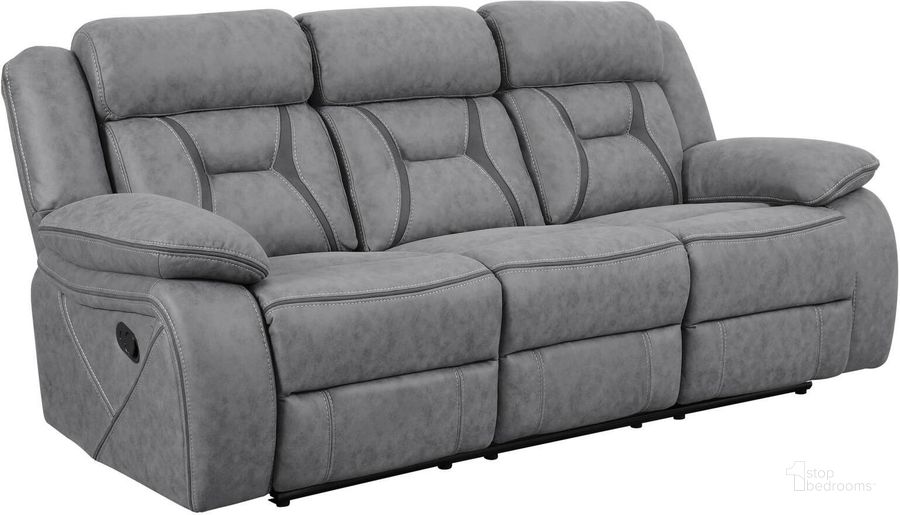 The appearance of Houston Stone Reclining Sofa designed by Coaster in the modern / contemporary interior design. This gray piece of furniture  was selected by 1StopBedrooms from Houston Collection to add a touch of cosiness and style into your home. Sku: 602261. Product Type: Reclining Sofa. Material: Vinyl. Key Features: Storage. Image1