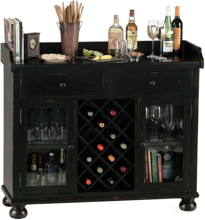 The appearance of Howard Miller Cabernet Hill Wine Console designed by Howard Miller in the modern / contemporary interior design. This black piece of furniture  was selected by 1StopBedrooms from  to add a touch of cosiness and style into your home. Sku: 695002. Material: Wood. Product Type: Bar and Wine Cabinet. Image1