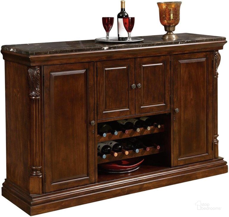 The appearance of Howard Miller Niagara Console designed by Howard Miller in the traditional interior design. This brown piece of furniture  was selected by 1StopBedrooms from Niagara Collection to add a touch of cosiness and style into your home. Sku: 693006. Material: Wood. Product Type: Bar and Wine Cabinet. Image1