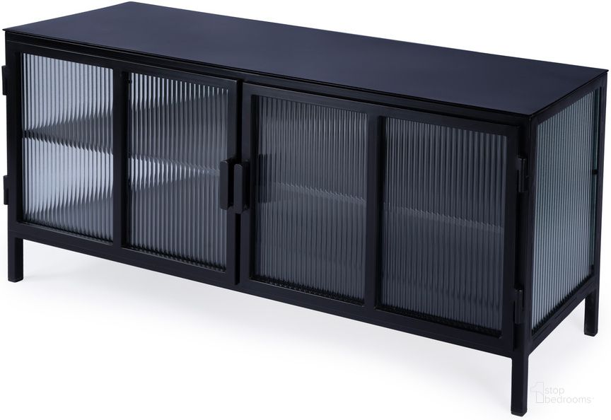 The appearance of Hoxton Ribbed Glass Tv Stand In Black designed by Butler Specialty Company in the modern / contemporary interior design. This black piece of furniture  was selected by 1StopBedrooms from Hoxton Collection to add a touch of cosiness and style into your home. Sku: 5703025. Product Type: TV Stand. Material: Iron. Image1
