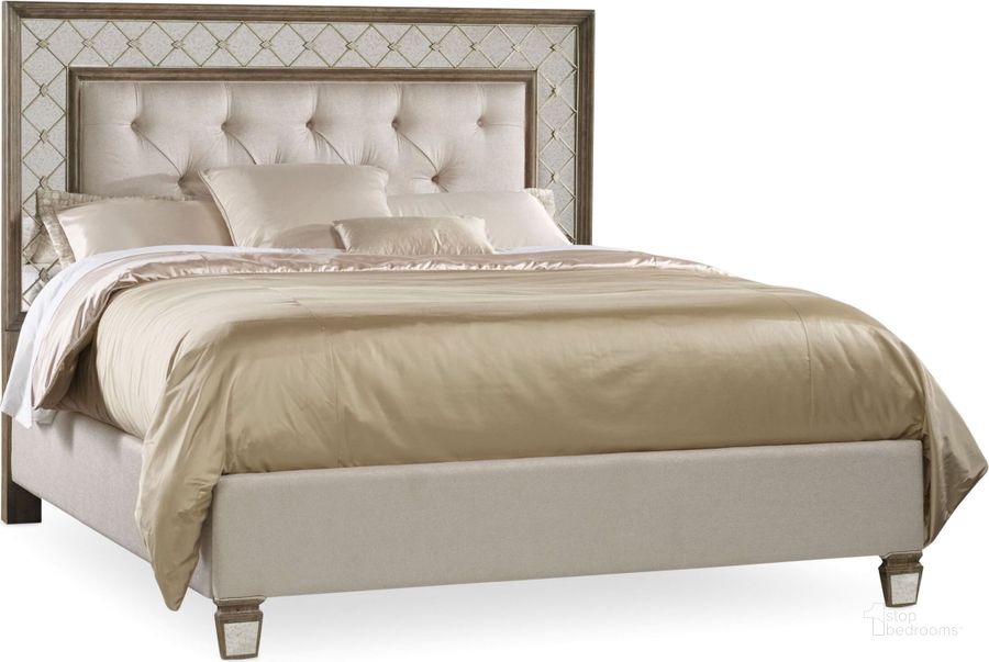 The appearance of Sanctuary Silver and Beige Cal. King Upholstered Platform Bed designed by Hooker in the traditional interior design. This silver piece of furniture  was selected by 1StopBedrooms from Sanctuary Collection to add a touch of cosiness and style into your home. Sku: 5414-90863;5414-90867;5414-90868. Bed Type: Platform Bed. Material: Wood. Product Type: Platform Bed. Bed Size: California King. Image1