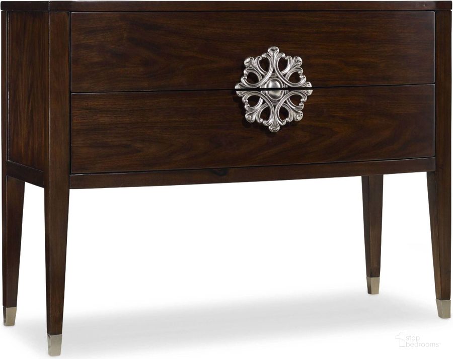 The appearance of Melange Brown Medallion Console designed by Hooker in the transitional interior design. This brown piece of furniture  was selected by 1StopBedrooms from Melange Collection to add a touch of cosiness and style into your home. Sku: 638-85096. Material: Wood. Product Type: Console. Image1
