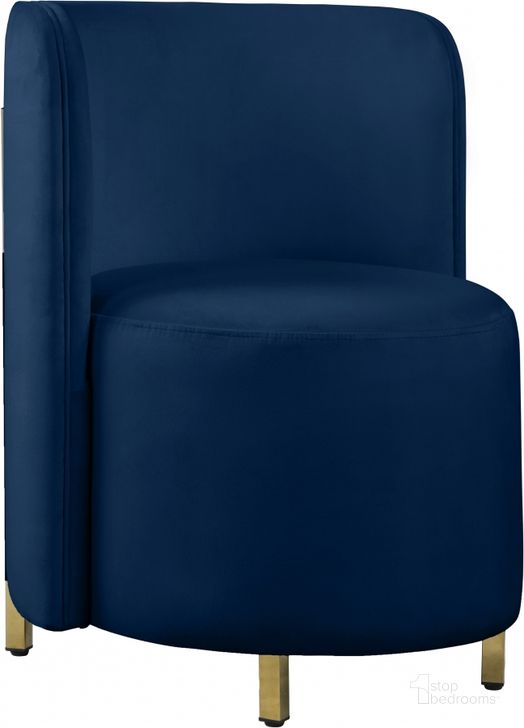 The appearance of Huber Navy Velvet Accent Chair designed by Furnique in the modern / contemporary interior design. This navy velvet piece of furniture  was selected by 1StopBedrooms from Huber Collection to add a touch of cosiness and style into your home. Sku: 518Navy-C. Product Type: Accent Chair. Material: Iron. Image1