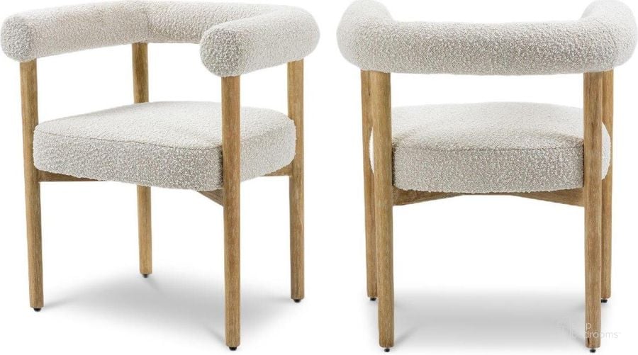 The appearance of Hyatt Cream Boucle Fabric Dining Chair 561Cream-C designed by Meridian in the transitional interior design. This cream piece of furniture  was selected by 1StopBedrooms from Hyatt Collection to add a touch of cosiness and style into your home. Sku: 561Cream-C. Product Type: Dining Chair. Material: Rubberwood. Image1