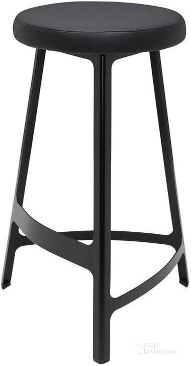 The appearance of Hyku Black Naugahyde Bar Stool designed by Nuevo in the modern / contemporary interior design. This black piece of furniture  was selected by 1StopBedrooms from Hyku Collection to add a touch of cosiness and style into your home. Sku: HGEM536. Material: Metal. Product Type: Barstool. Image1
