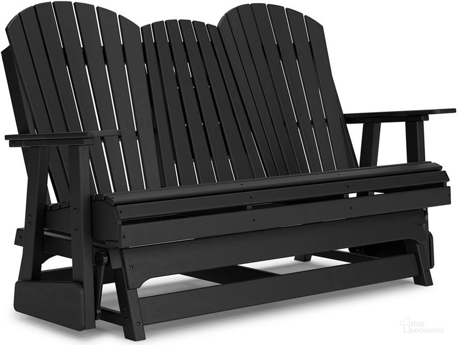 The appearance of Hyland Wave Outdoor Glider Loveseat In Black designed by Signature Design by Ashley in the modern / contemporary interior design. This black piece of furniture  was selected by 1StopBedrooms from Hyland Collection to add a touch of cosiness and style into your home. Sku: P108-835. Product Type: Outdoor Loveseat. Image1