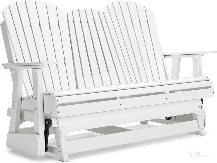 The appearance of Hyland Wave Outdoor Glider Loveseat In White designed by Signature Design by Ashley in the modern / contemporary interior design. This white piece of furniture  was selected by 1StopBedrooms from Hyland Collection to add a touch of cosiness and style into your home. Sku: P111-835. Product Type: Outdoor Loveseat. Image1