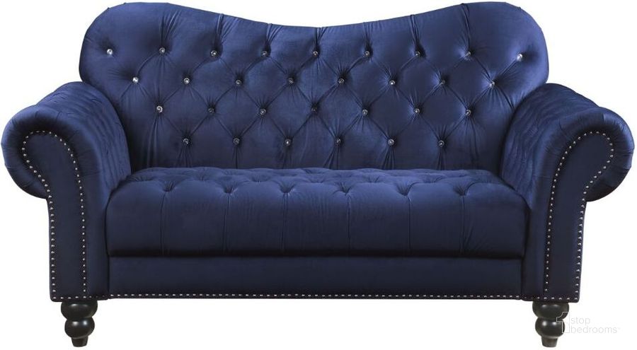 The appearance of Iberis Loveseat In Navy Velvet designed by ACME in the rustic / southwestern interior design. This navy velvet piece of furniture  was selected by 1StopBedrooms from Iberis Collection to add a touch of cosiness and style into your home. Sku: 53407BASE;53408ARM. Product Type: Loveseat. Material: Upholstery. Image1