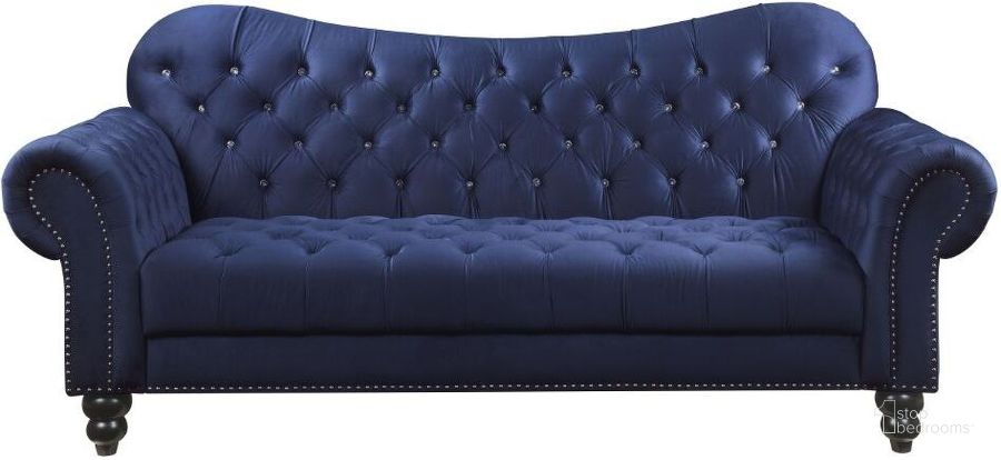 The appearance of Iberis Sofa In Navy Velvet designed by ACME in the rustic / southwestern interior design. This navy velvet piece of furniture  was selected by 1StopBedrooms from Iberis Collection to add a touch of cosiness and style into your home. Sku: 53405BASE;53406ARM. Product Type: Sofa. Material: Upholstery. Image1