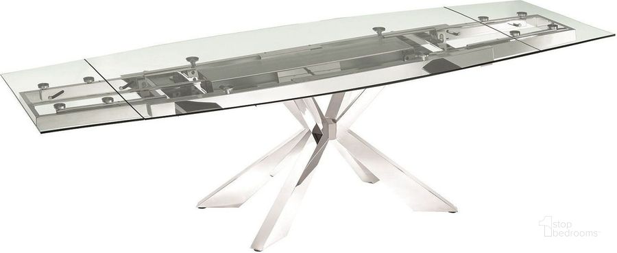 The appearance of Icon Clear And High Polished Stainless Steel Extendable Dining Table designed by Casabianca Home in the modern / contemporary interior design. This silver piece of furniture  was selected by 1StopBedrooms from Icon Collection to add a touch of cosiness and style into your home. Sku: TC-MAN01CLR. Table Base Style: Trestle. Product Type: Dining Table. Table Top Shape: Rectangular. Material: Stainless Steel. Size: 40". Image1