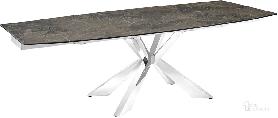 The appearance of Icon Dining Table In Brown Marbled Porcelain Top On Glass With Stainless Steel Base designed by Casabianca Home in the modern / contemporary interior design. This brown piece of furniture  was selected by 1StopBedrooms from Icon Collection to add a touch of cosiness and style into your home. Sku: TC-MAN01EMP. Table Base Style: Trestle. Product Type: Dining Table. Table Top Shape: Rectangular. Material: Stainless Steel. Size: 71". Image1