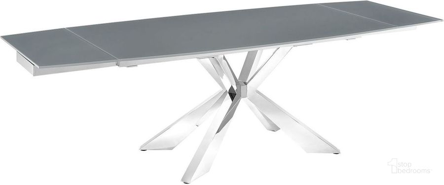 The appearance of Icon Gray And High Polished Stainless Steel Extendable Dining Table designed by Casabianca Home in the modern / contemporary interior design. This silver piece of furniture  was selected by 1StopBedrooms from Icon Collection to add a touch of cosiness and style into your home. Sku: TC-MAN01GRY. Table Base Style: Trestle. Product Type: Dining Table. Table Top Shape: Rectangular. Material: Stainless Steel. Size: 40". Image1