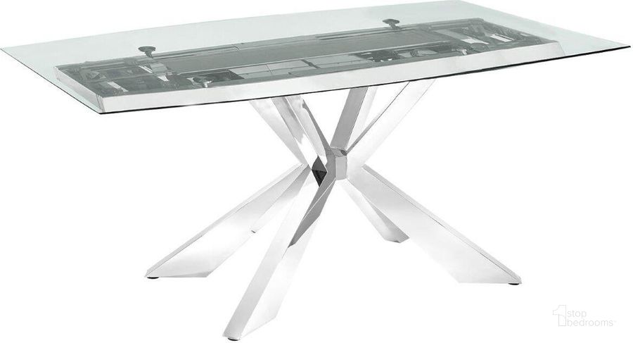 The appearance of Icon Dining Table With Stainless Base and Clear Top designed by Casabianca Home in the modern / contemporary interior design. This clear piece of furniture  was selected by 1StopBedrooms from Icon Collection to add a touch of cosiness and style into your home. Sku: TC-MFIX01CLR. Table Base Style: Trestle. Product Type: Dining Table. Table Top Shape: Rectangular. Material: Stainless Steel. Size: 71.