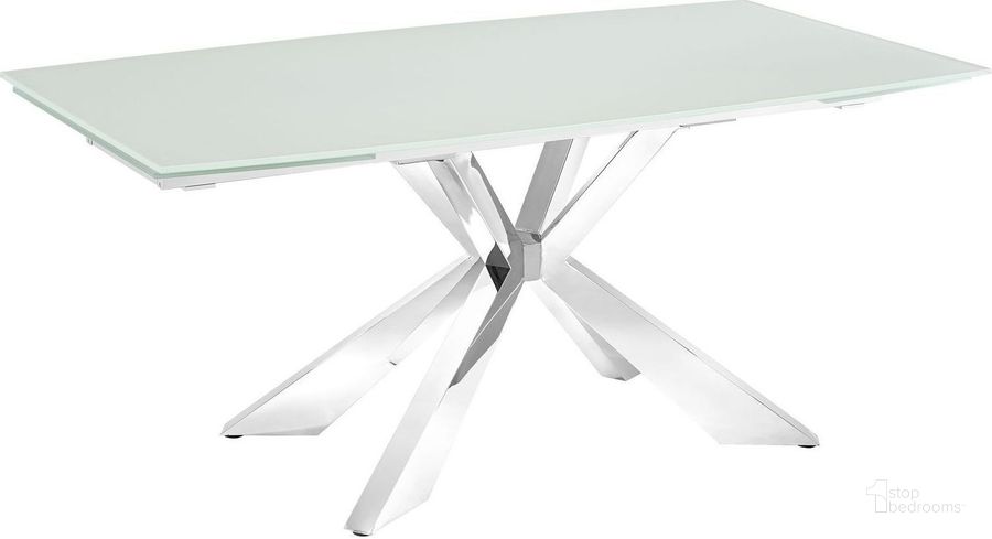 The appearance of Icon White And High Polished Stainless Steel Extendable Dining Table designed by Casabianca Home in the modern / contemporary interior design. This white and silver piece of furniture  was selected by 1StopBedrooms from Icon Collection to add a touch of cosiness and style into your home. Sku: TC-MAN01WHT. Table Base Style: Trestle. Product Type: Dining Table. Table Top Shape: Rectangular. Material: Stainless Steel. Size: 40". Image1