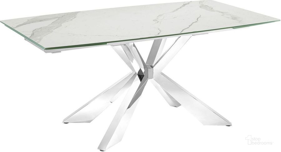 The appearance of Icon White Marbled And High Polished Stainless Steel Extendable Dining Table designed by Casabianca Home in the modern / contemporary interior design. This white and silver piece of furniture  was selected by 1StopBedrooms from Icon Collection to add a touch of cosiness and style into your home. Sku: TC-MAN01MAR. Table Base Style: Trestle. Product Type: Dining Table. Table Top Shape: Rectangular. Material: Stainless Steel. Size: 40". Image1