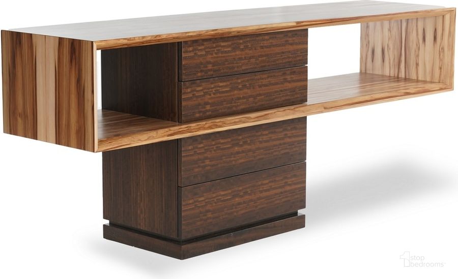 The appearance of Ie Series Mensa Console In Smoked Eucalyptus Top and Redgum Base designed by Urbia in the modern / contemporary interior design. This  piece of furniture  was selected by 1StopBedrooms from IE Series Collection to add a touch of cosiness and style into your home. Sku: IE-MENSA-CON. Product Type: Console. Material: Engineered Wood. Image1