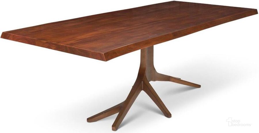 The appearance of IE Series Trunk Dining Table In Mahogany Top And Antique Brass Base designed by Urbia in the modern / contemporary interior design. This mahogany piece of furniture  was selected by 1StopBedrooms from IE Series Collection to add a touch of cosiness and style into your home. Sku: IE-TRUNK-DT-B. Table Base Style: Pedestal. Material: Wood. Product Type: Dining Table. Table Top Shape: Rectangular. Size: 95". Image1