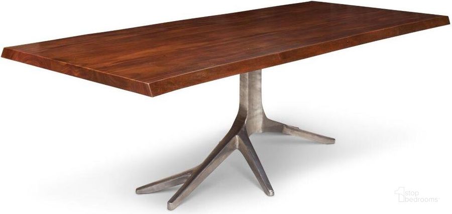 The appearance of IE Series Trunk Dining Table In Mahogany Top And Antique Nickel Base designed by Urbia in the modern / contemporary interior design. This nickle piece of furniture  was selected by 1StopBedrooms from IE Series Collection to add a touch of cosiness and style into your home. Sku: IE-TRUNK-DT. Table Base Style: Pedestal. Material: Wood. Product Type: Dining Table. Table Top Shape: Rectangular. Size: 95". Image1
