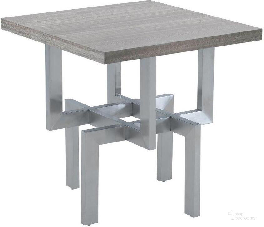 The appearance of Illusion Gray Wood End Table With Brushed Stainless Steel Base designed by Armen Living in the modern / contemporary interior design. This gray piece of furniture  was selected by 1StopBedrooms from Illusion Collection to add a touch of cosiness and style into your home. Sku: LCILLABSGR. Material: Metal. Product Type: End Table. Image1
