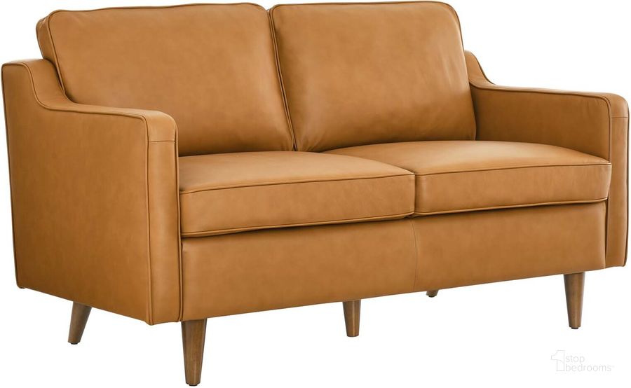The appearance of Impart Genuine Leather Loveseat In Tan designed by Modway in the modern / contemporary interior design. This tan piece of furniture  was selected by 1StopBedrooms from Impart Collection to add a touch of cosiness and style into your home. Sku: EEI-5554-TAN. Material: Wood. Product Type: Loveseat. Image1