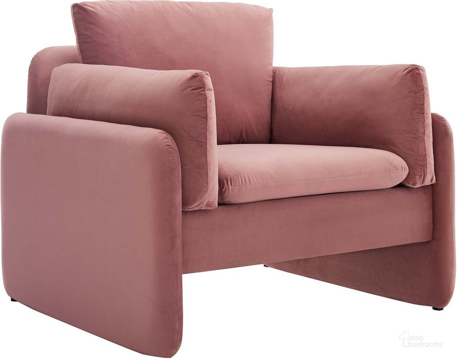 The appearance of Indicate Performance Velvet Arm Chair EEI-5152-DUS designed by Modway in the modern / contemporary interior design. This dusty rose piece of furniture  was selected by 1StopBedrooms from Indicate Collection to add a touch of cosiness and style into your home. Sku: EEI-5152-DUS. Material: Polyester. Product Type: Arm Chair. Image1