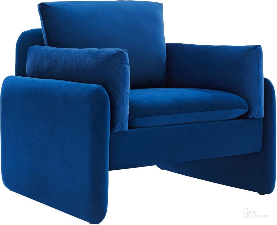 The appearance of Indicate Performance Velvet Arm Chair EEI-5152-NAV designed by Modway in the modern / contemporary interior design. This navy piece of furniture  was selected by 1StopBedrooms from Indicate Collection to add a touch of cosiness and style into your home. Sku: EEI-5152-NAV. Material: Polyester. Product Type: Arm Chair. Image1