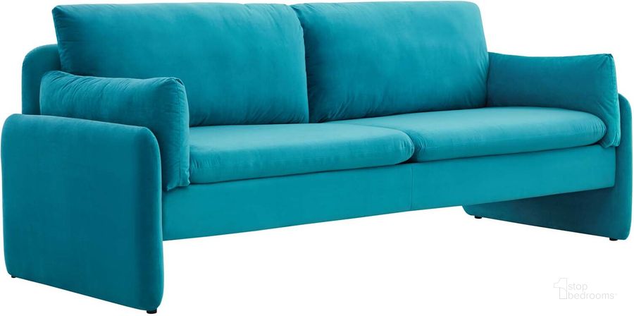 The appearance of Indicate Performance Velvet Sofa EEI-5150-BLU designed by Modway in the modern / contemporary interior design. This blue piece of furniture  was selected by 1StopBedrooms from Indicate Collection to add a touch of cosiness and style into your home. Sku: EEI-5150-BLU. Material: Polyester. Product Type: Sofa. Image1
