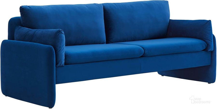 The appearance of Indicate Performance Velvet Sofa EEI-5150-NAV designed by Modway in the modern / contemporary interior design. This navy piece of furniture  was selected by 1StopBedrooms from Indicate Collection to add a touch of cosiness and style into your home. Sku: EEI-5150-NAV. Material: Polyester. Product Type: Sofa. Image1