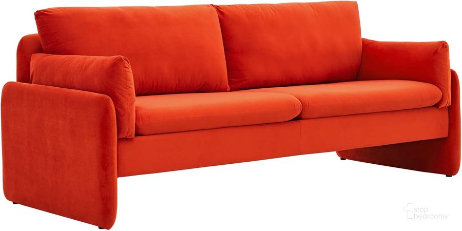The appearance of Indicate Performance Velvet Sofa EEI-5150-ORA designed by Modway in the modern / contemporary interior design. This orange piece of furniture  was selected by 1StopBedrooms from Indicate Collection to add a touch of cosiness and style into your home. Sku: EEI-5150-ORA. Material: Polyester. Product Type: Sofa. Image1