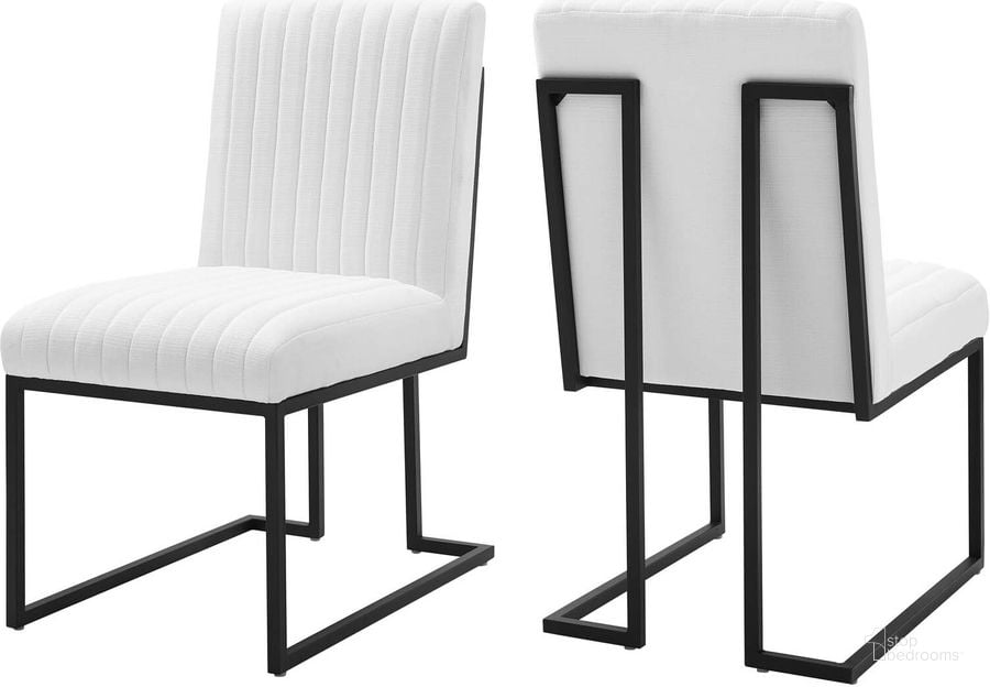 The appearance of Indulge Channel Tufted Fabric Dining Chairs - Set of 2 In White designed by Modway in the modern / contemporary interior design. This white piece of furniture  was selected by 1StopBedrooms from Indulge Collection to add a touch of cosiness and style into your home. Sku: EEI-5740-WHI. Material: Polyester. Product Type: Dining Chair. Image1