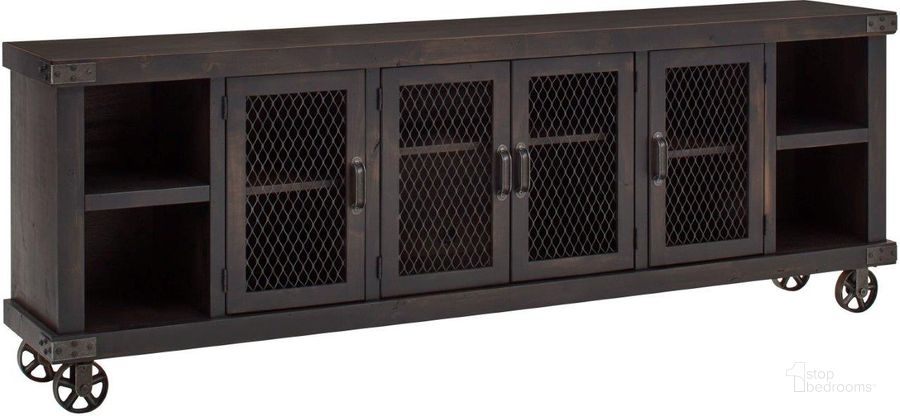 The appearance of Industrial 96 Inch Console With 4 Doors In Black designed by Aspenhome in the industrial interior design. This black piece of furniture  was selected by 1StopBedrooms from Industrial Collection to add a touch of cosiness and style into your home. Sku: DN1270-GHT. Material: Wood. Product Type: TV Console.