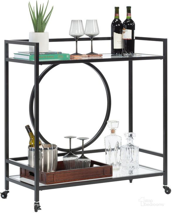 The appearance of International Lux Bar Cart In Black designed by Sauder in the transitional interior design. This black piece of furniture  was selected by 1StopBedrooms from International Lux Collection to add a touch of cosiness and style into your home. Sku: 433830. Material: Metal. Product Type: Bar Cart. Image1