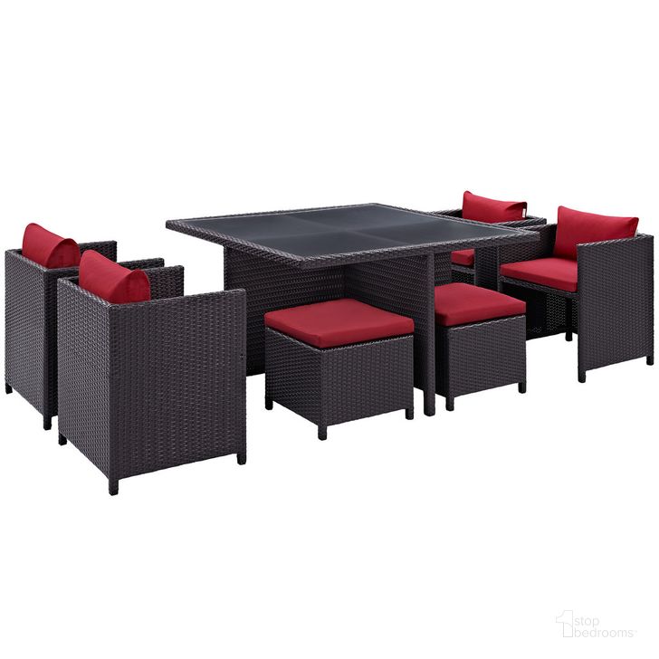 The appearance of Inverse 9-Piece Outdoor Patio Dining Set In Espresso Red designed by Modway in the modern / contemporary interior design. This espresso red piece of furniture  was selected by 1StopBedrooms from Inverse Collection to add a touch of cosiness and style into your home. Sku: EEI-726-EXP-RED. Material: Rattan. Product Type: Outdoor Dining Set. Image1