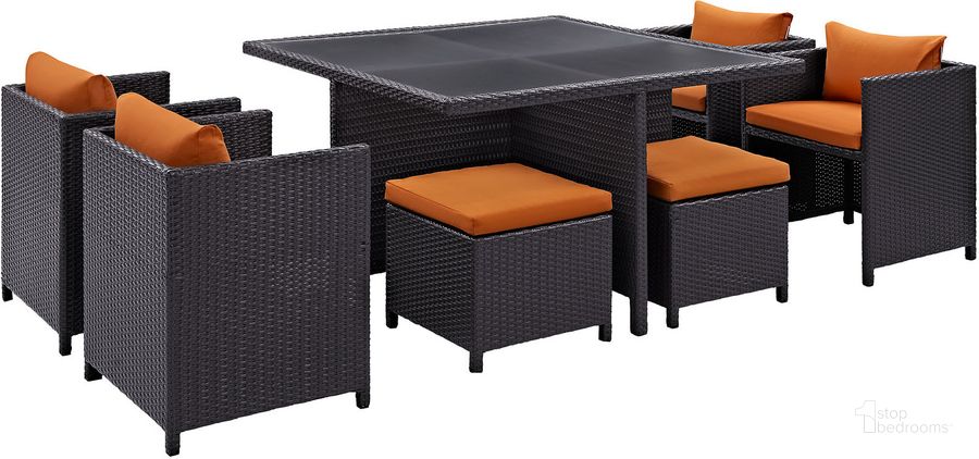 The appearance of Inverse Espresso Orange 9 Piece Outdoor Patio Dining Set designed by Modway in the modern / contemporary interior design. This espresso orange piece of furniture  was selected by 1StopBedrooms from Inverse Collection to add a touch of cosiness and style into your home. Sku: EEI-726-EXP-ORA. Table Base Style: Pedestal. Table Top Shape: Square. Material: Polyester. Product Type: Outdoor Dining Set. Image1