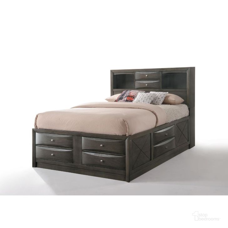 The appearance of Ireland Gray Oak Queen Bookcase Storage Bed designed by ACME in the transitional interior design. This gray piece of furniture  was selected by 1StopBedrooms from Ireland Collection to add a touch of cosiness and style into your home. Sku: 22700Q-HF;22701Q-R;22702Q-LDRW;22703Q-RDRW. Bed Type: Storage Bed. Material: Wood. Product Type: Storage Bed. Bed Size: Queen. Image1