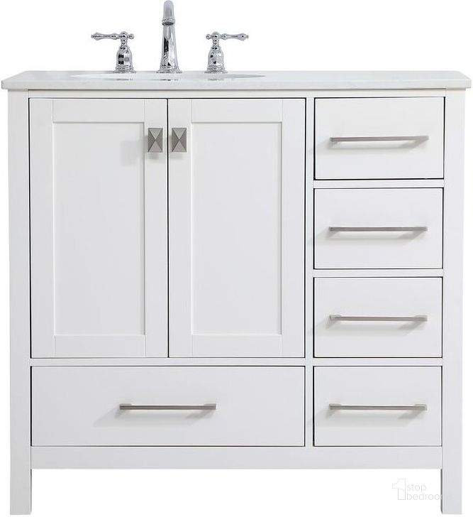 The appearance of Irene 36 Inch Single Bathroom Vanity In White designed by Elegant Lighting in the traditional interior design. This white piece of furniture  was selected by 1StopBedrooms from Irene Collection to add a touch of cosiness and style into your home. Sku: VF18836WH. Material: Wood. Product Type: Bathroom Vanity. Image1