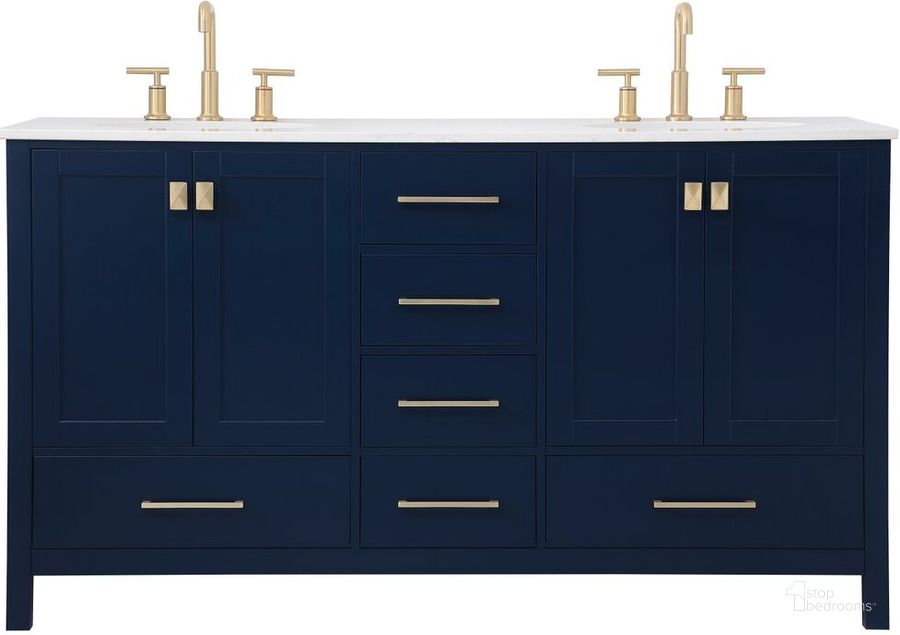 The appearance of Irene 60 Inch Double Bathroom Vanity In Blue designed by Elegant Lighting in the traditional interior design. This blue piece of furniture  was selected by 1StopBedrooms from Irene Collection to add a touch of cosiness and style into your home. Sku: VF18860DBL. Material: Wood. Product Type: Bathroom Vanity. Image1