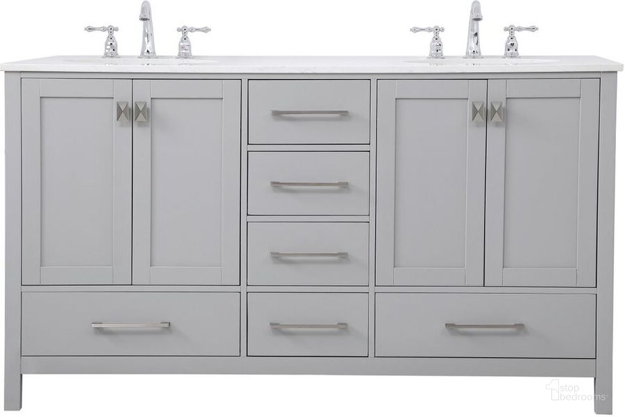The appearance of Irene 60 Inch Double Bathroom Vanity In Gray designed by Elegant Lighting in the traditional interior design. This gray piece of furniture  was selected by 1StopBedrooms from Irene Collection to add a touch of cosiness and style into your home. Sku: VF18860DGR. Material: Wood. Product Type: Bathroom Vanity. Image1