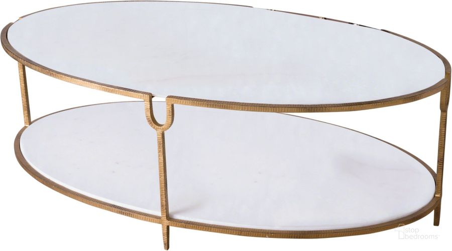 The appearance of Iron And Stone Oval Coffee Table In Gold designed by Global Views in the modern / contemporary interior design. This gold piece of furniture  was selected by 1StopBedrooms from Iron Collection to add a touch of cosiness and style into your home. Sku: 9.91786. Product Type: Coffee Table. Material: Iron. Image1