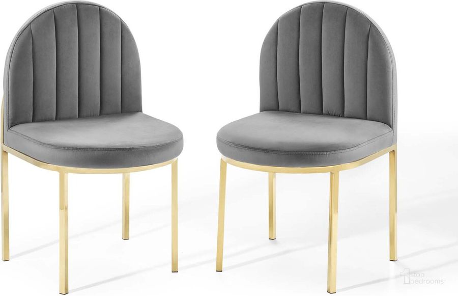 The appearance of Isla Dining Side Chair Performance Velvet Set of 2 EEI-4503-GLD-GRY designed by Modway in the modern / contemporary interior design. This gold gray piece of furniture  was selected by 1StopBedrooms from Isla Collection to add a touch of cosiness and style into your home. Sku: EEI-4503-GLD-GRY. Material: Wood. Product Type: Side Chair. Image1