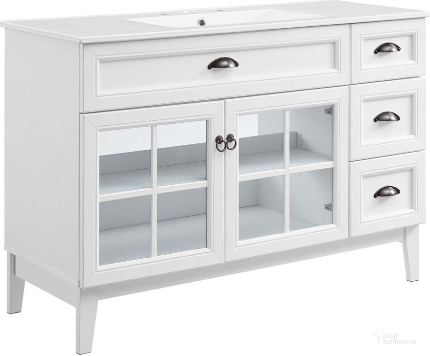 The appearance of Isle 48 Inch Bathroom Vanity Cabinet EEI-5427-WHI-WHI designed by Modway in the modern / contemporary interior design. This white white piece of furniture  was selected by 1StopBedrooms from Isle Collection to add a touch of cosiness and style into your home. Sku: EEI-5427-WHI-WHI. Material: MDF. Product Type: Bathroom Vanity. Image1