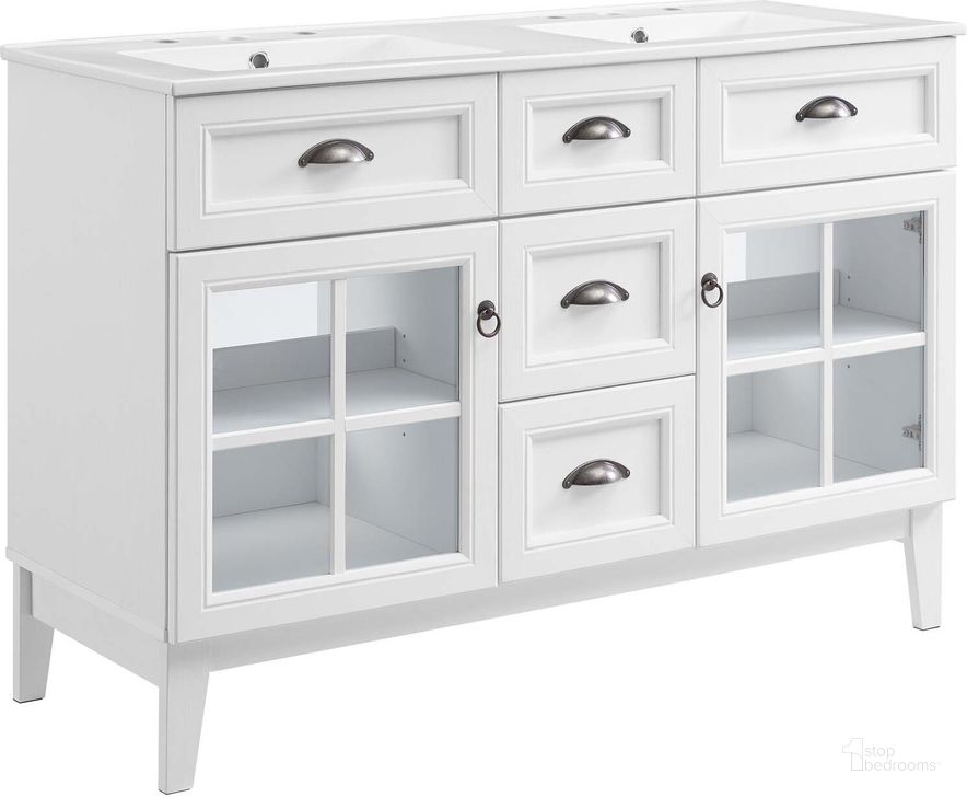 The appearance of Isle 48 Inch Double Bathroom Vanity Cabinet EEI-5428-WHI-WHI designed by Modway in the modern / contemporary interior design. This white white piece of furniture  was selected by 1StopBedrooms from Isle Collection to add a touch of cosiness and style into your home. Sku: EEI-5428-WHI-WHI. Material: Metal. Product Type: Bathroom Vanity. Image1
