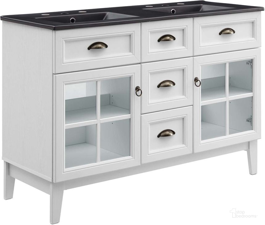 The appearance of Isle 48 Inch Double Bathroom Vanity Cabinet EEI-5480-WHI-BLK designed by Modway in the modern / contemporary interior design. This white black piece of furniture  was selected by 1StopBedrooms from Isle Collection to add a touch of cosiness and style into your home. Sku: EEI-5480-WHI-BLK. Material: Metal. Product Type: Bathroom Vanity. Image1