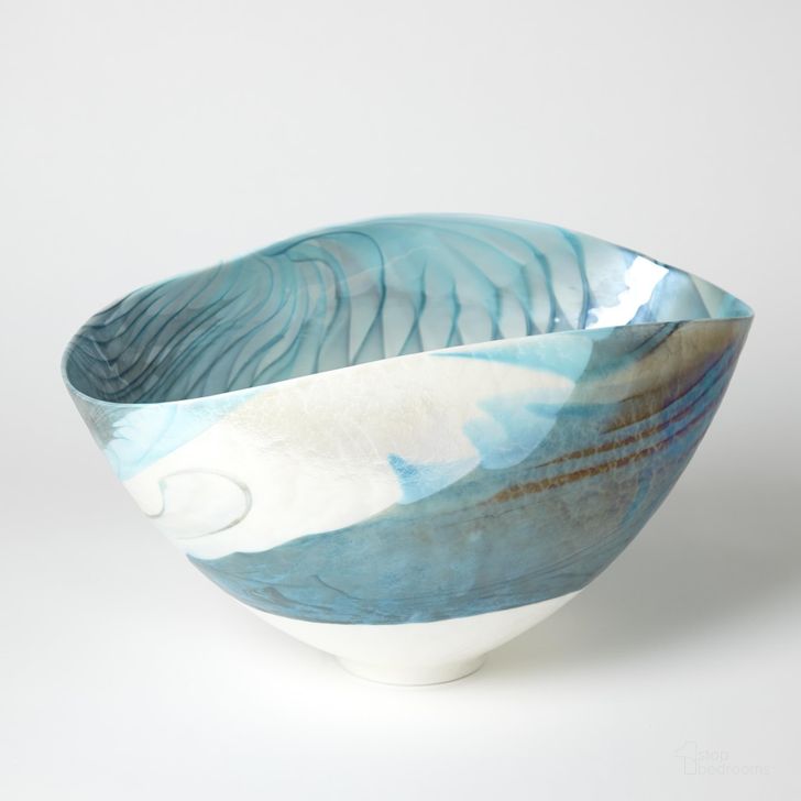 The appearance of Ivory Turquoise Feather Swirl Oval Small Bowl In Blue designed by Global Views in the modern / contemporary interior design. This blue piece of furniture  was selected by 1StopBedrooms from Ivory Collection to add a touch of cosiness and style into your home. Sku: 3.31468. Material: Glass. Product Type: Bowl. Image1