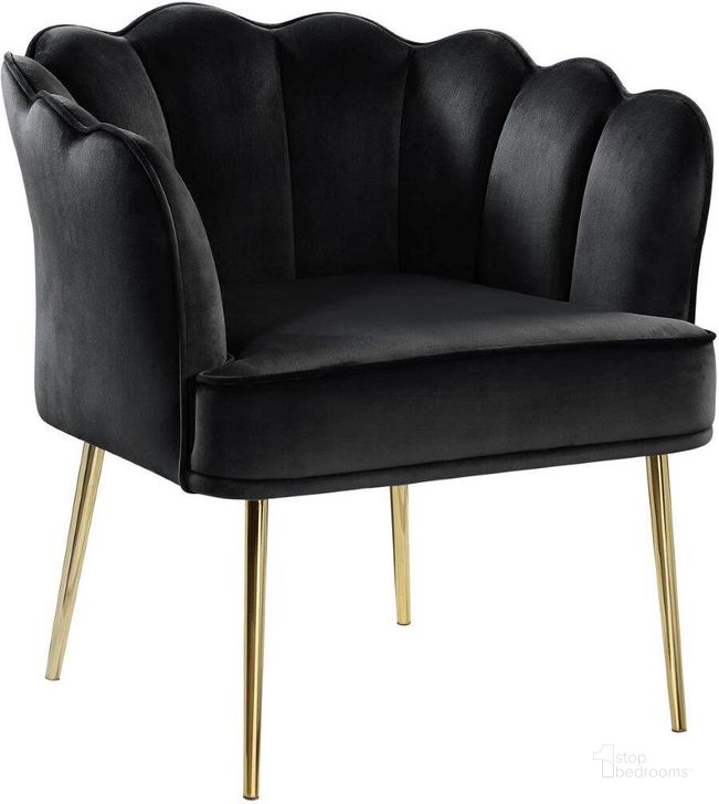 The appearance of Jackie Black Velvet Accent Chair With Gold Legs designed by Best Master Furniture in the modern / contemporary interior design. This black piece of furniture  was selected by 1StopBedrooms from Jackie Collection to add a touch of cosiness and style into your home. Sku: JL023B. Product Type: Accent Chair. Material: Velvet. Image1