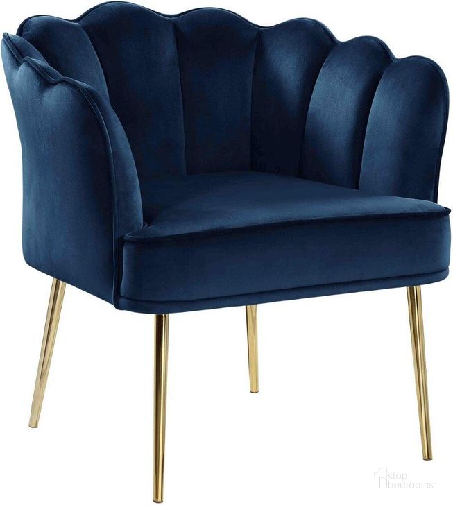 The appearance of Jackie Navy Velvet Accent Chair With Gold Legs designed by Best Master Furniture in the modern / contemporary interior design. This navy/gold piece of furniture  was selected by 1StopBedrooms from Jackie Collection to add a touch of cosiness and style into your home. Sku: JL023N. Product Type: Accent Chair. Material: Velvet. Image1