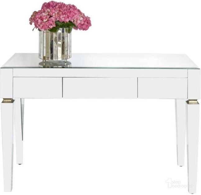 The appearance of Jacklyn White Beveled Mirror 3 Drawer Desk designed by Worlds Away in the modern / contemporary interior design. This white piece of furniture  was selected by 1StopBedrooms from Jacklyn Collection to add a touch of cosiness and style into your home. Sku: JACKLYN. Material: Metal. Product Type: Desk.